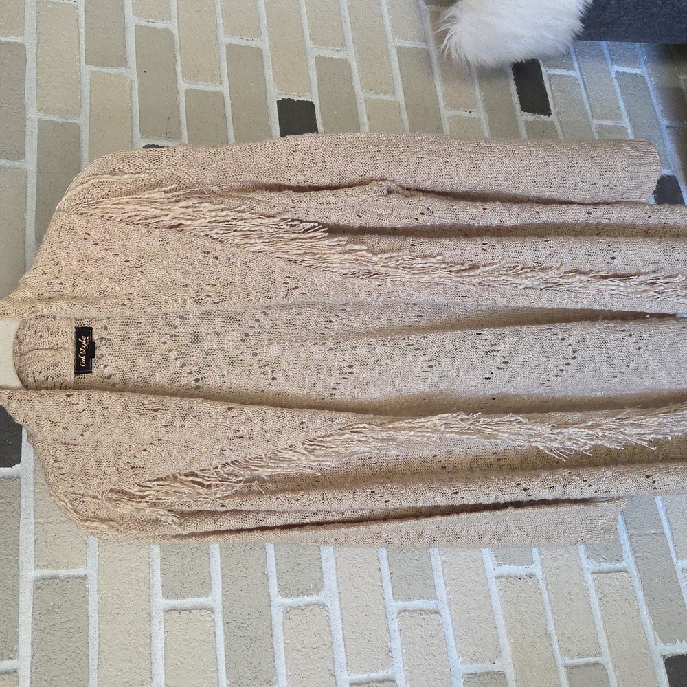 Tan Fringe Open Front Cardigan Sweater